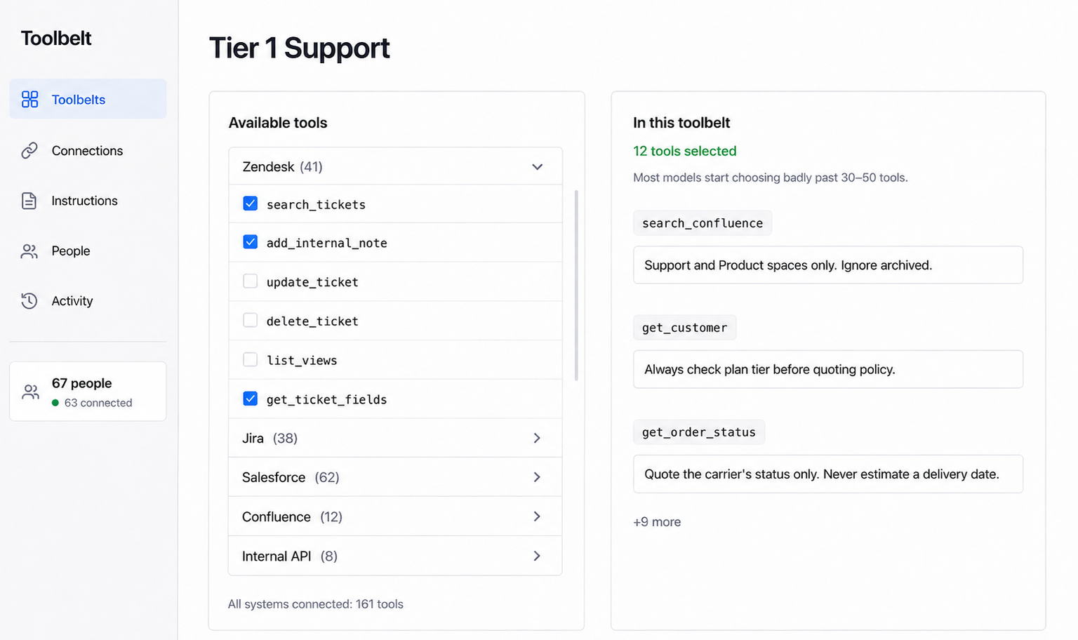A toolbelt builder for Tier 1 Support: available tools grouped by system on the left with checkboxes, and 12 selected tools as chips on the right with a note that most models start choosing badly past 30–50 tools.